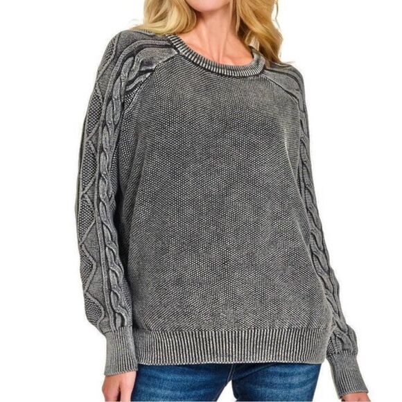 BiBi Stone Washed Black Cable Knit Crewneck Sweater Women’s Small - Picture 1 of 10